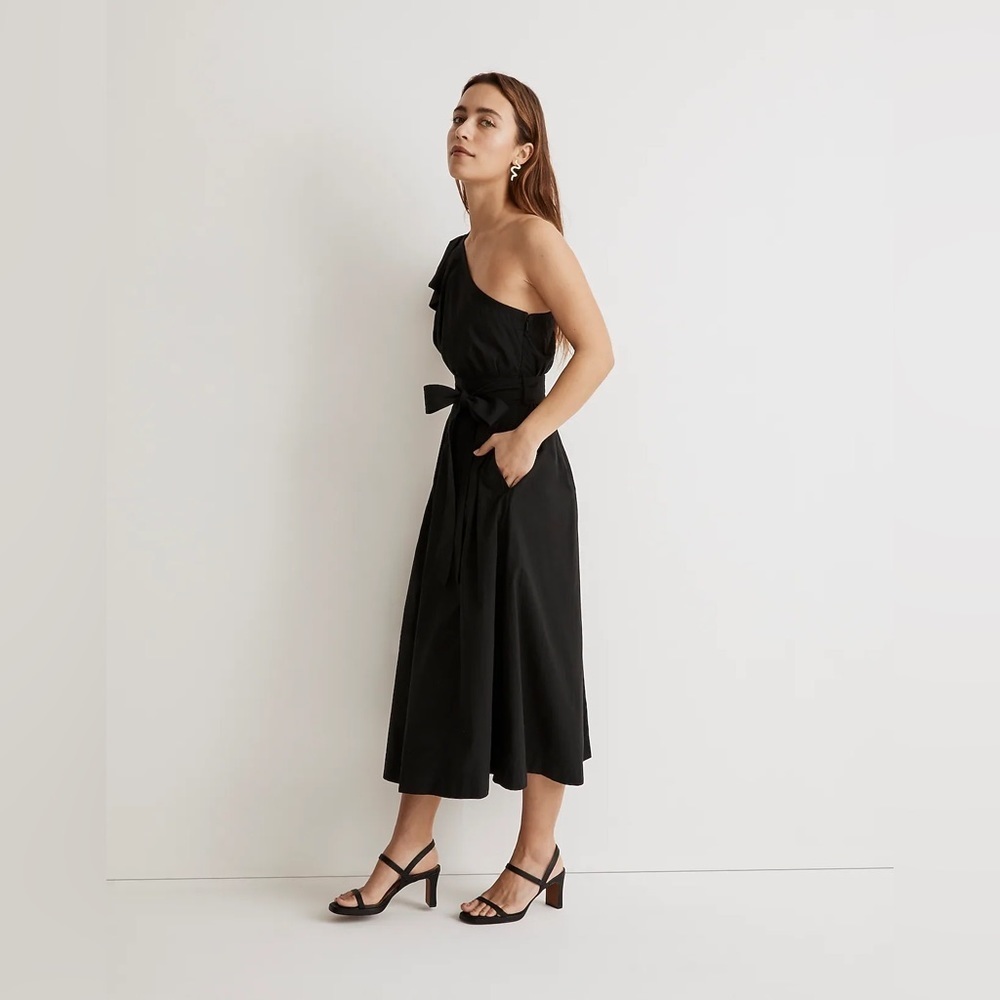Madewell NWOT BlackRuffled One-Shoulder Midi Dress Size 2